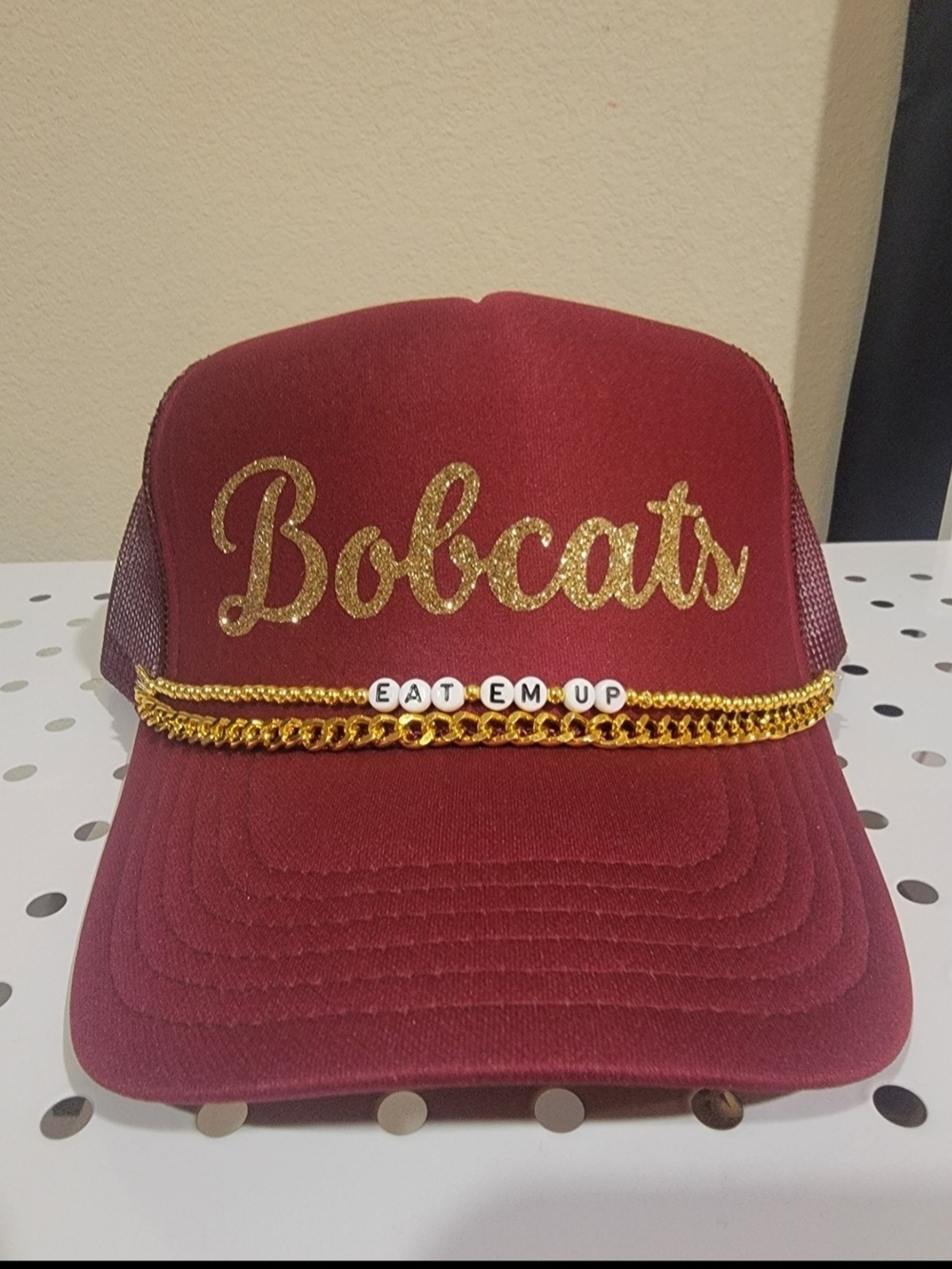 OTTO Maroon Trucker Hat with Gold Glitter 'Bobcats' and Gold Chain